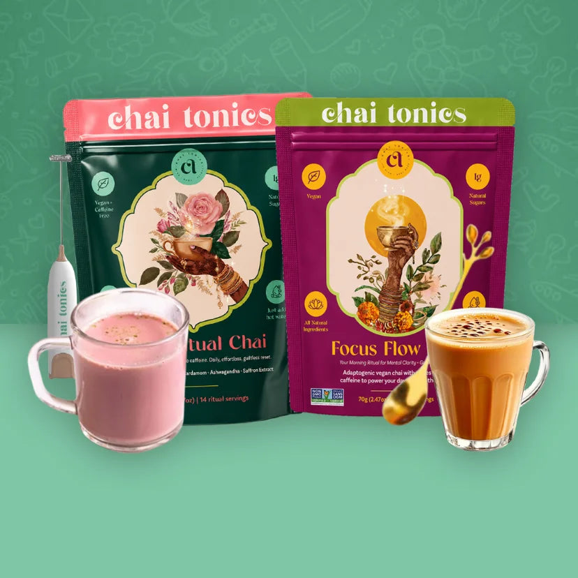 Rose Ritual and Focus Flow chai blends with freshly made lattes